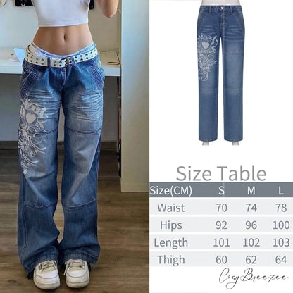 Wide Leg Oversize Y2K Patterned Baggy Winter Cargo Casual Jeans Low Autumn Waist Women’s Trousers Blue / S