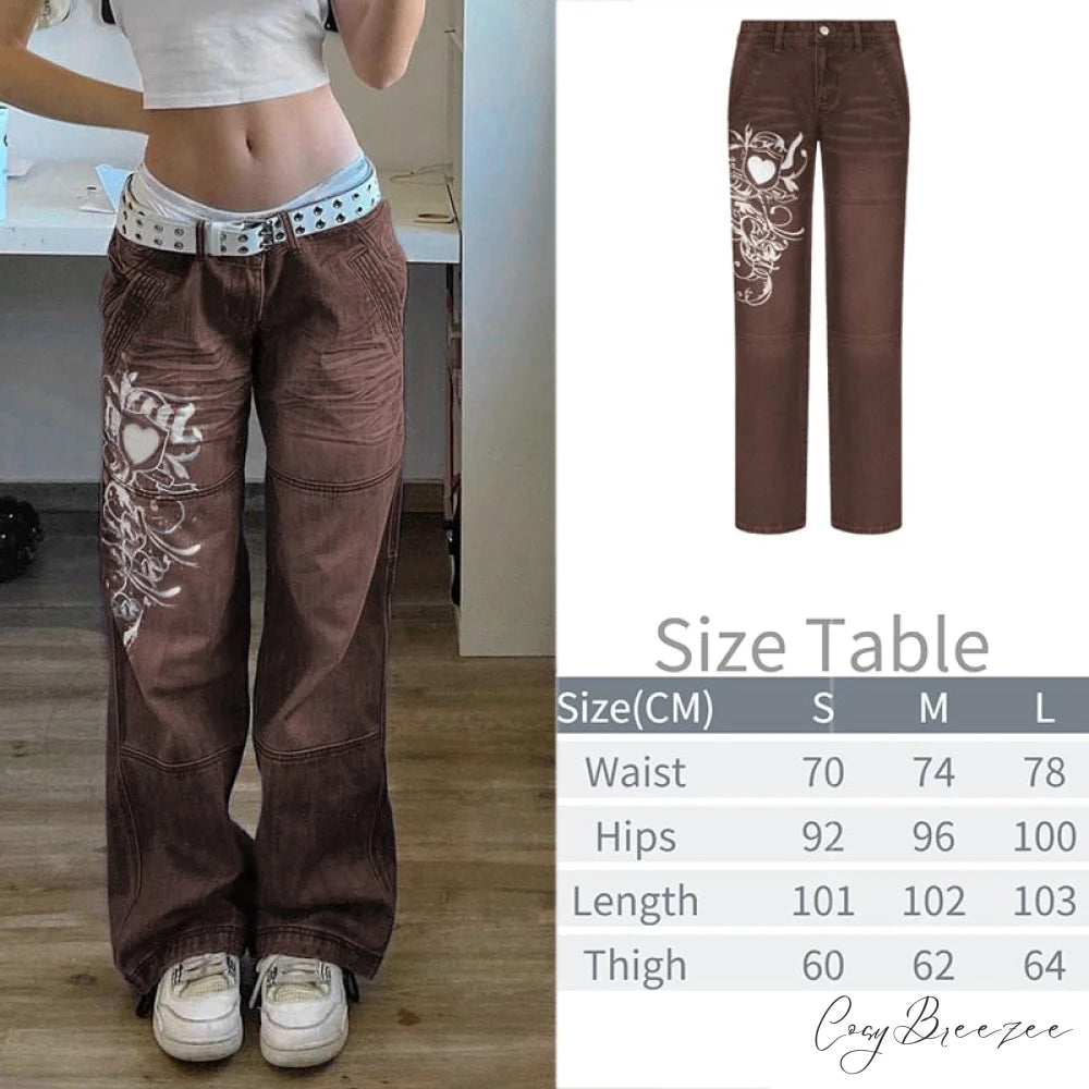 Wide Leg Oversize Y2K Patterned Baggy Winter Cargo Casual Jeans Low Autumn Waist Women’s Trousers Brown / S