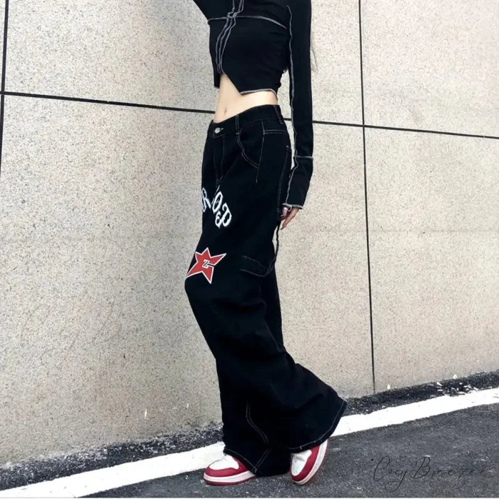 Wide Leg Stars Letter Print Jeans Pants pants-241228