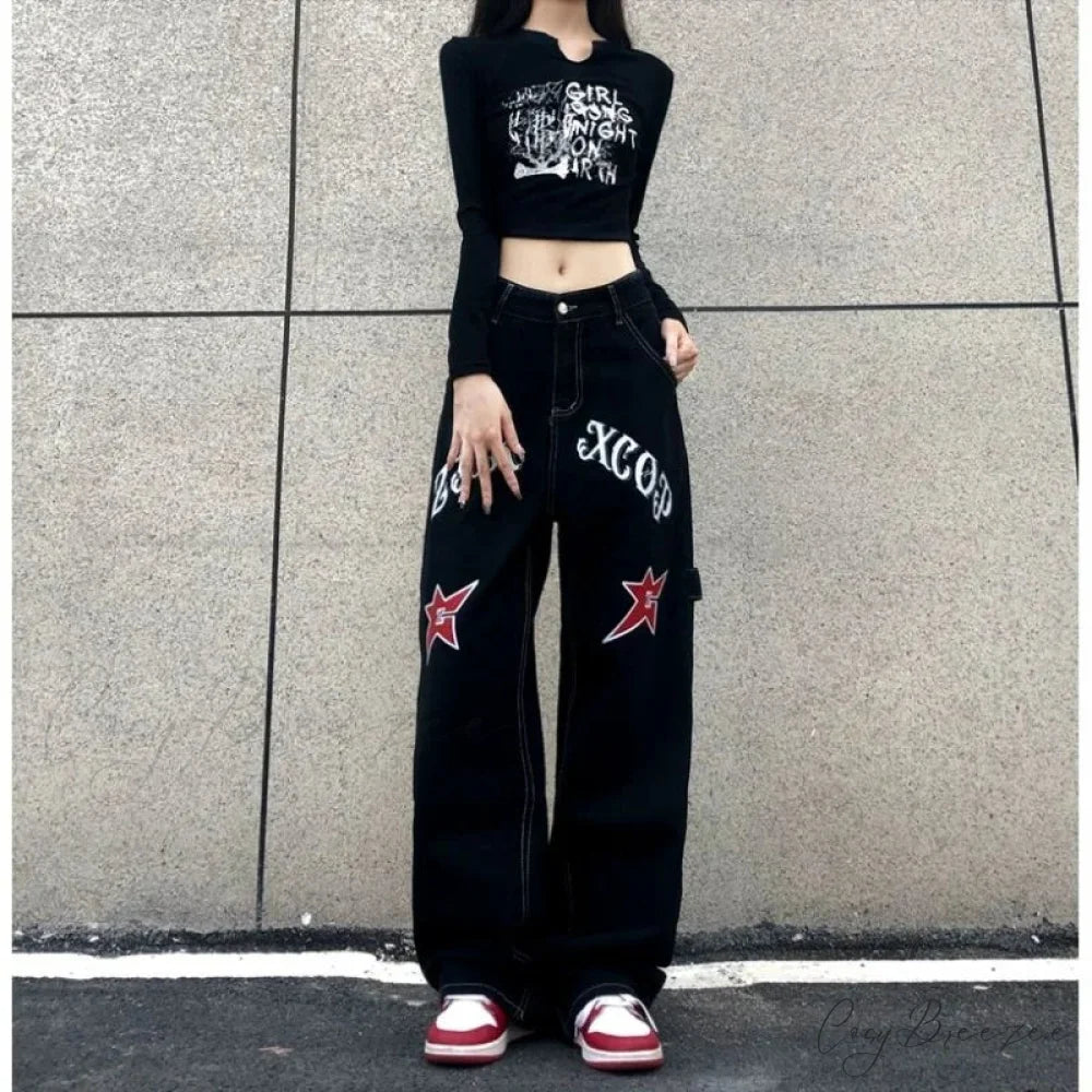 Wide Leg Stars Letter Print Jeans Pants pants-241228