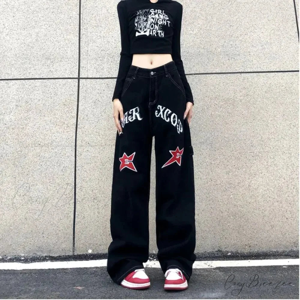 Wide Leg Stars Letter Print Jeans Pants pants-241228