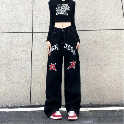 Wide Leg Stars Letter Print Jeans Pants pants-241228