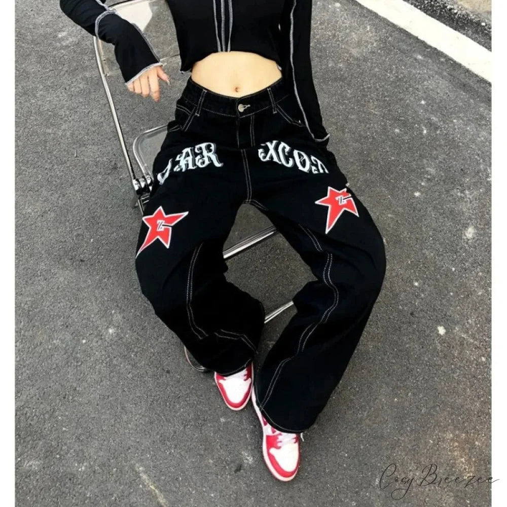 Wide Leg Stars Letter Print Jeans Pants pants-241228