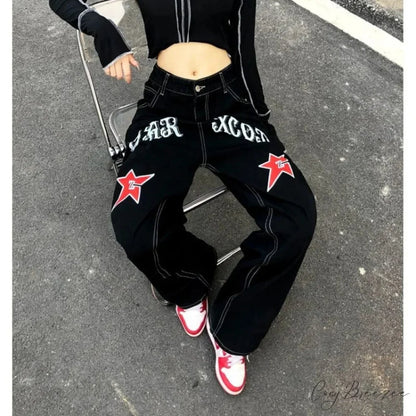Wide Leg Stars Letter Print Jeans Pants pants-241228