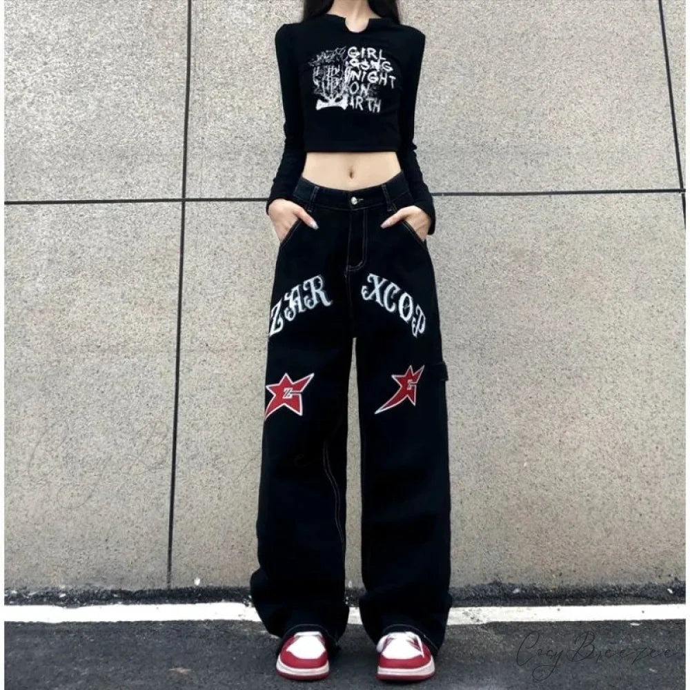 Wide Leg Stars Letter Print Jeans Pants Black / S (40-48KG) pants-241228