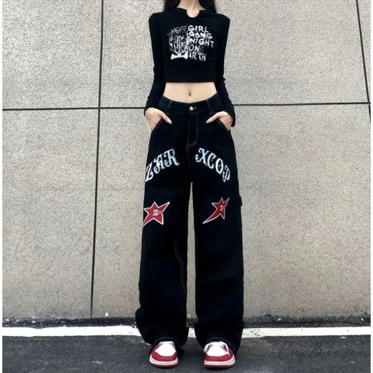 Wide Leg Stars Letter Print Jeans Pants Black / S (40-48KG) pants-241228