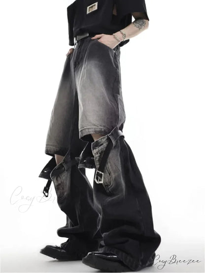Wide Leg Washed For Men And Women Straight Tube Loose Fitting Retro High Street Niche Design Jean Black / S