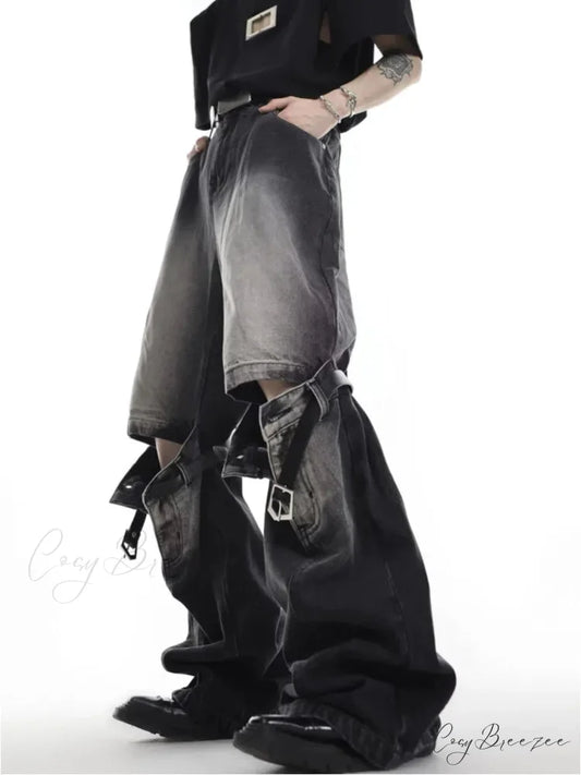Wide Leg Washed For Men And Women Straight Tube Loose Fitting Retro High Street Niche Design Jean Black / S