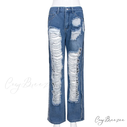 Wide Out Street Hollow - Leg Ripped 2024 Women’s Jeans Warm-Season Style Denim blue / S