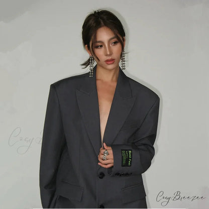 Wide Shoulder Casual Loose Classic Lady Chic Stylish Blazer