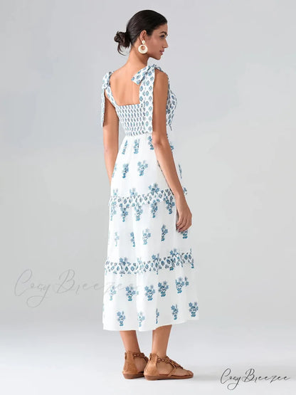 Wide Straps Flowy Floral Bohemian Beach Frill Trim Square Neck A-Line Dress floraldress-250126
