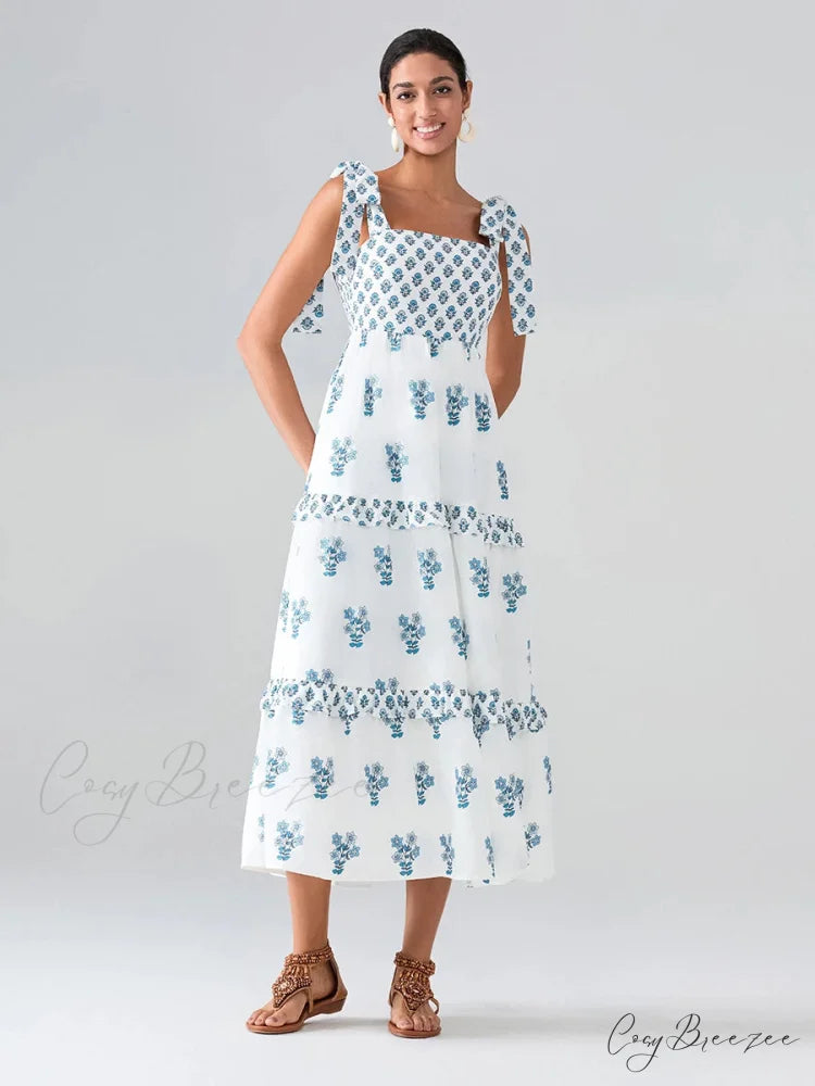 Wide Straps Flowy Floral Bohemian Beach Frill Trim Square Neck A-Line Dress floraldress-250126