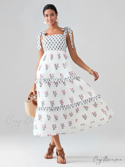 Wide Straps Flowy Floral Bohemian Beach Frill Trim Square Neck A-Line Dress Pink / S floraldress-250126