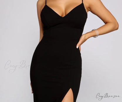 Willow Formal High Slit Graceful Crepe and Lace Dress