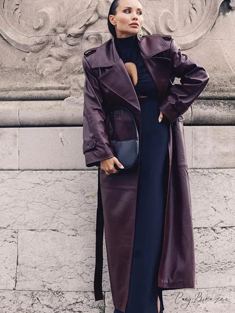 Wine Red Belted Lapel Double Breasted Coat wine red / S