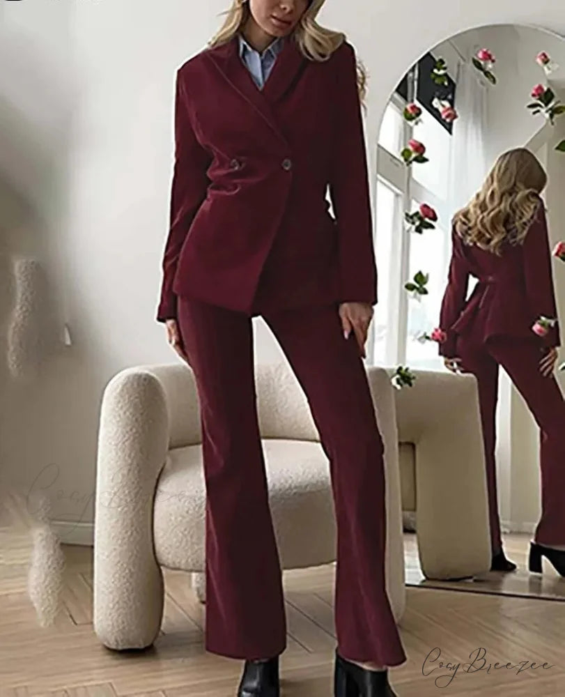 Wine Red Double Breasted Trousers Office Set Claret / S officetwopieceset-250223