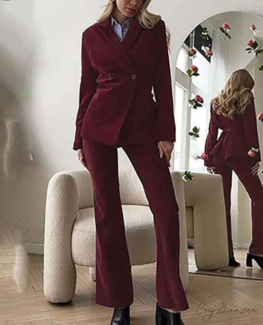 Wine Red Double Breasted Trousers Office Set Claret / S officetwopieceset-250223