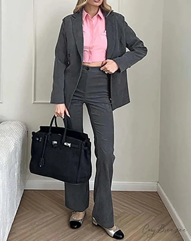 Wine Red Double Breasted Trousers Office Set GRAY / S officetwopieceset-250223