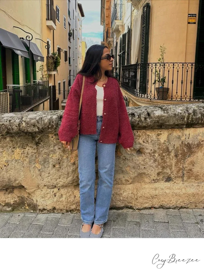 Wine Red Round Neck Button Cardigan cardigans-241228