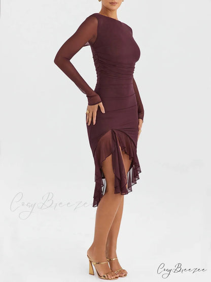 Wine Ruffle Stylish Midi Dress