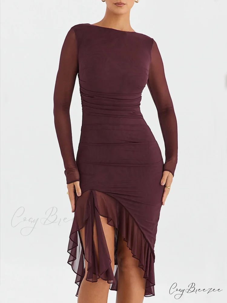 Wine Ruffle Stylish Midi Dress