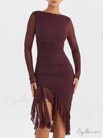 Wine Ruffle Stylish Midi Dress