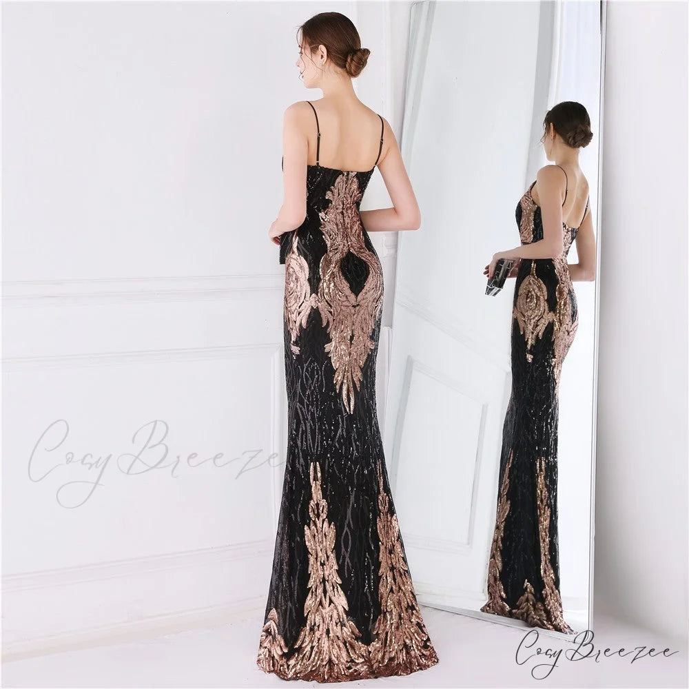 Wings Pattern Sequin Charming Mesh Strappy Gown