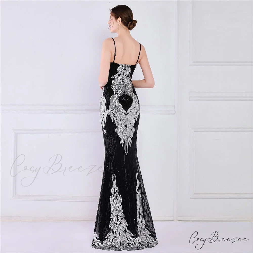 Wings Pattern Sequin Charming Mesh Strappy Gown