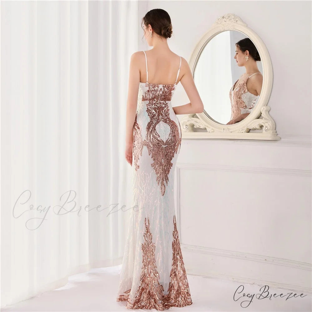 Wings Pattern Sequin Charming Mesh Strappy Gown