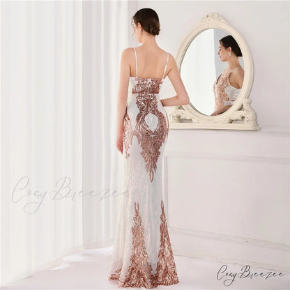 Wings Pattern Sequin Charming Mesh Strappy Gown