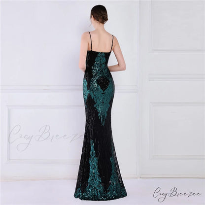 Wings Pattern Sequin Charming Mesh Strappy Gown