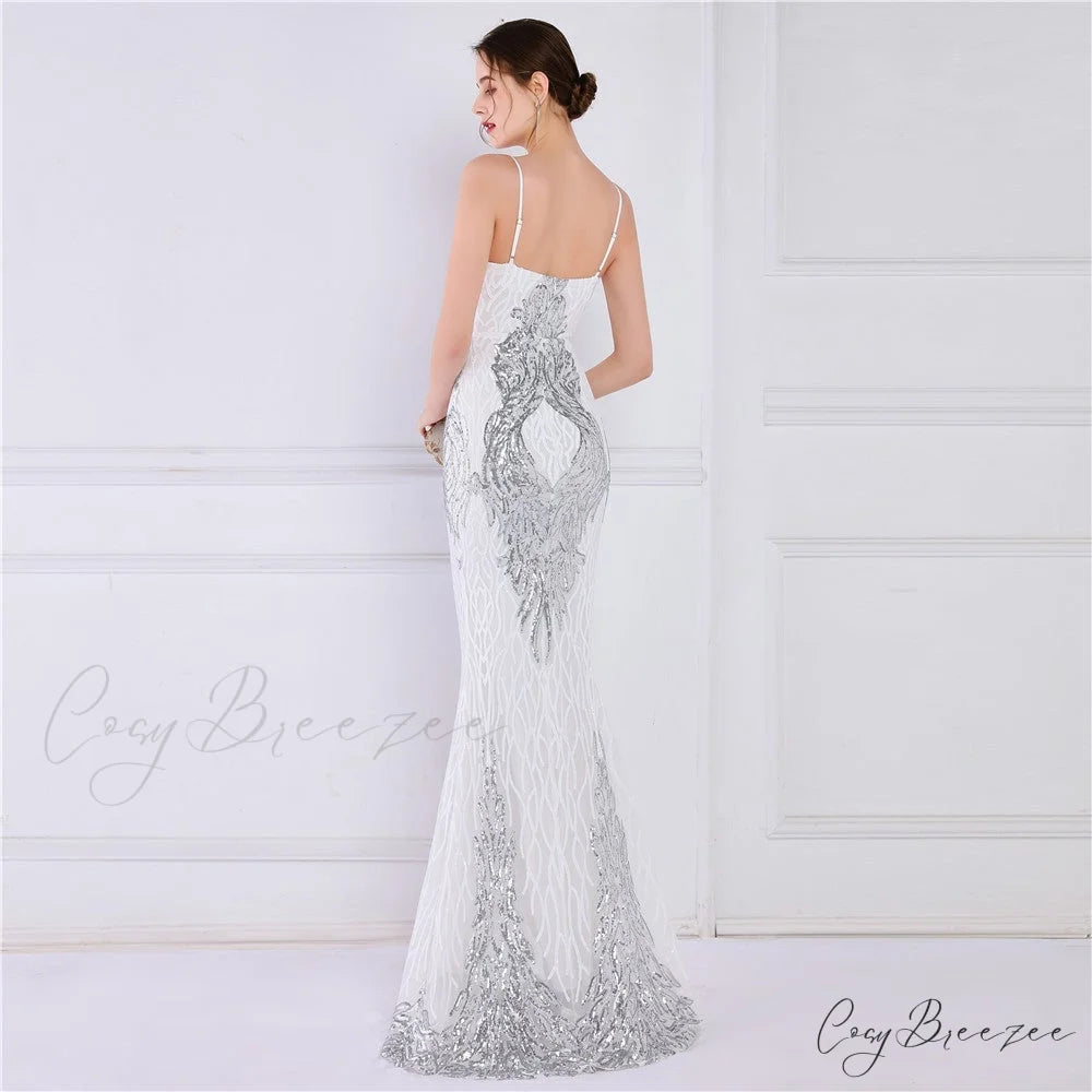 Wings Pattern Sequin Charming Mesh Strappy Gown