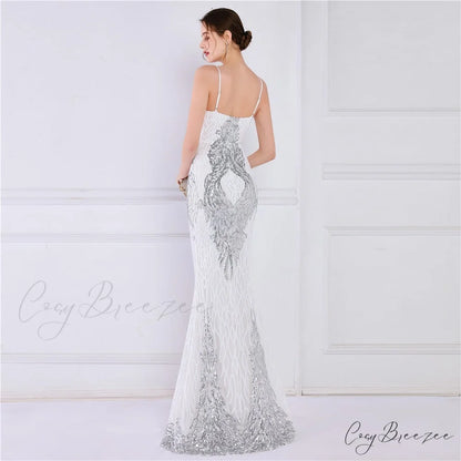 Wings Pattern Sequin Charming Mesh Strappy Gown