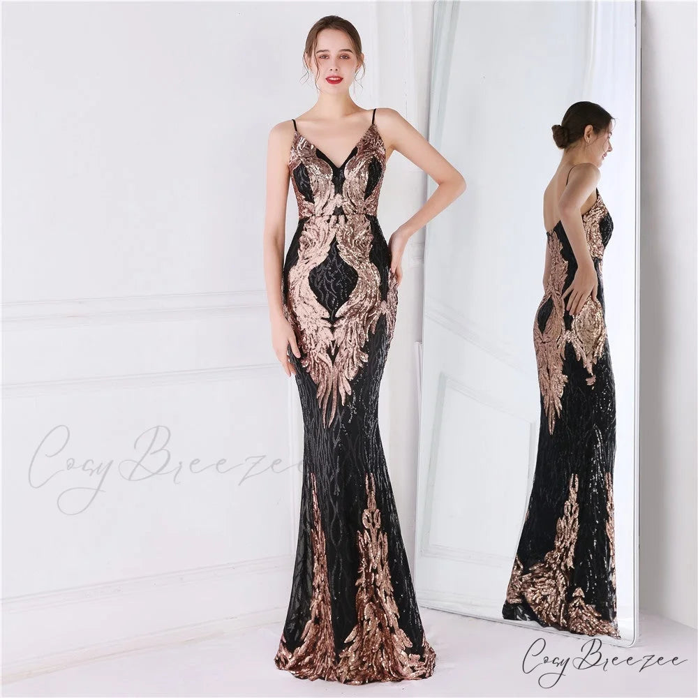 Wings Pattern Sequin Charming Mesh Strappy Gown BLACK GOLD / XS
