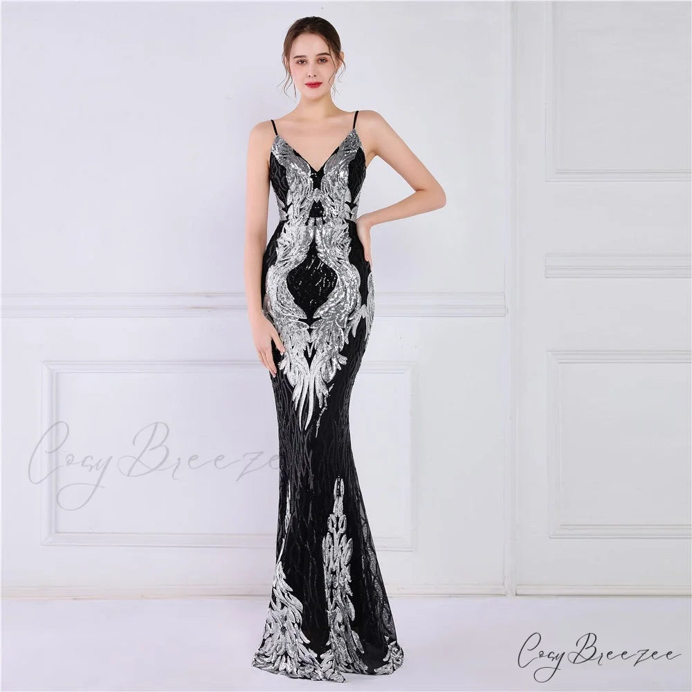 Wings Pattern Sequin Charming Mesh Strappy Gown BLACK SILVER / XS