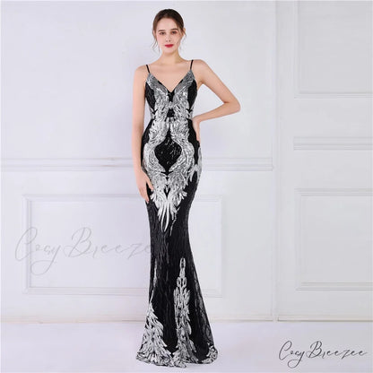 Wings Pattern Sequin Charming Mesh Strappy Gown BLACK SILVER / XS