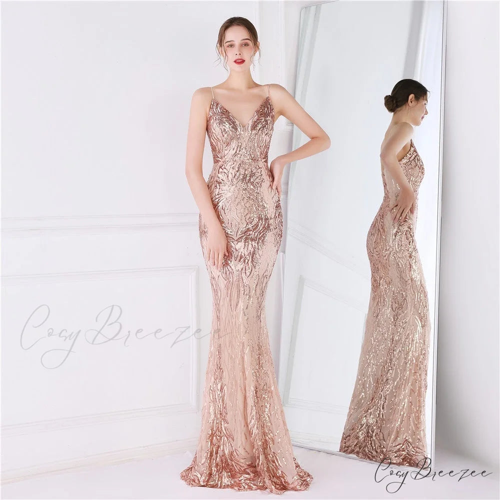 Wings Pattern Sequin Charming Mesh Strappy Gown GOLD / XS