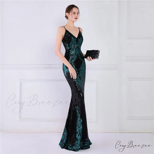 Wings Pattern Sequin Charming Mesh Strappy Gown HUNTER / XS