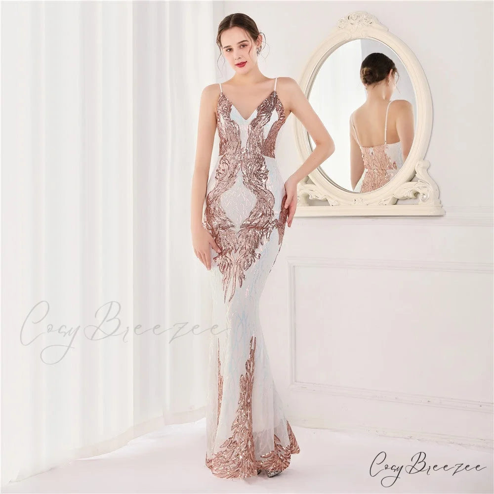 Wings Pattern Sequin Charming Mesh Strappy Gown PLATINUM / XS