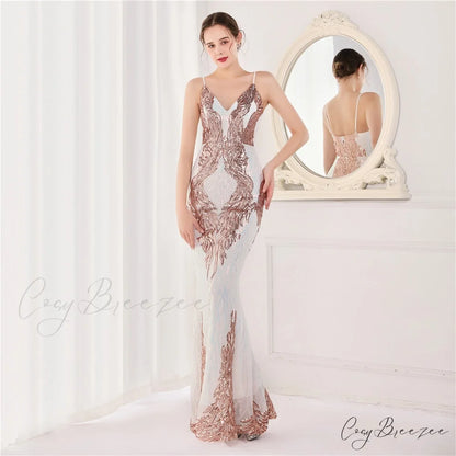 Wings Pattern Sequin Charming Mesh Strappy Gown PLATINUM / XS
