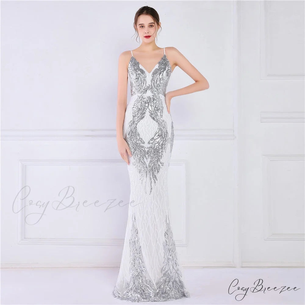 Wings Pattern Sequin Charming Mesh Strappy Gown SILVER / XS