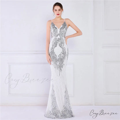 Wings Pattern Sequin Charming Mesh Strappy Gown SILVER / XS