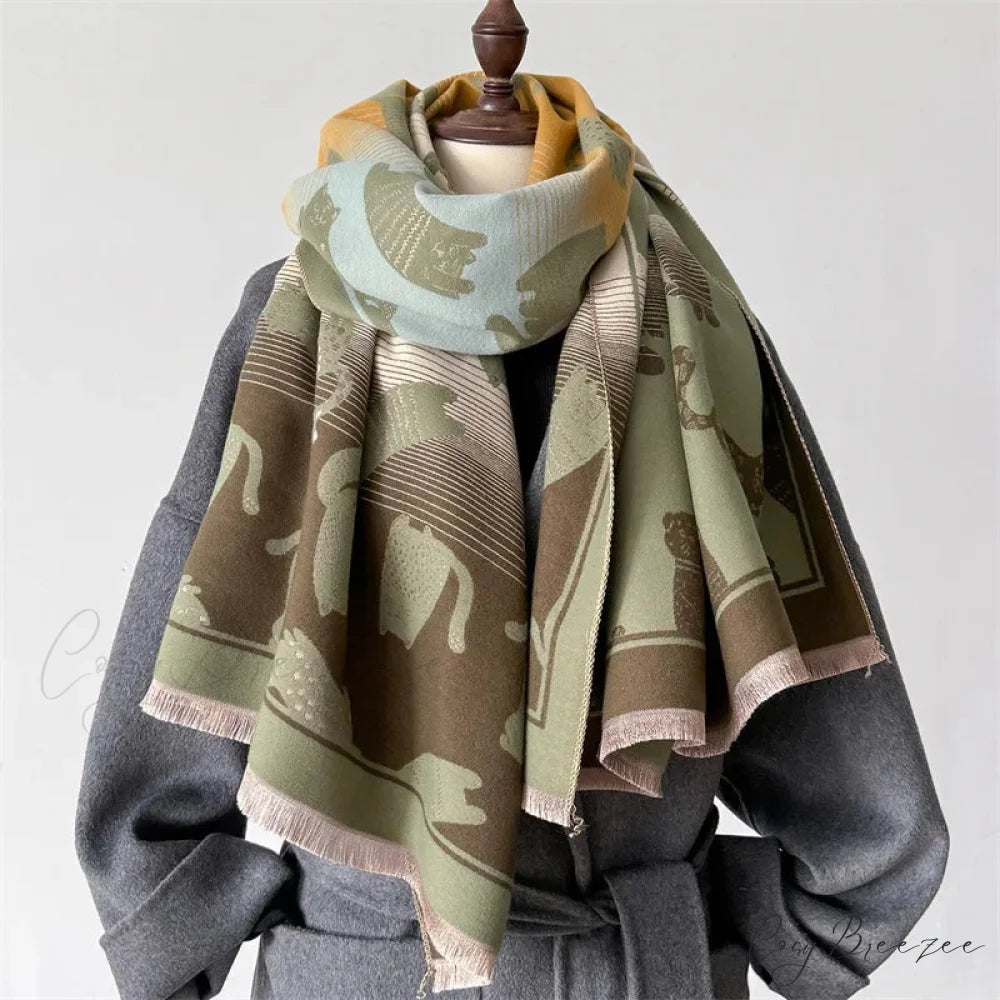Winter Cashmere Cat Pashmina Scarf green 1 scarf-241228