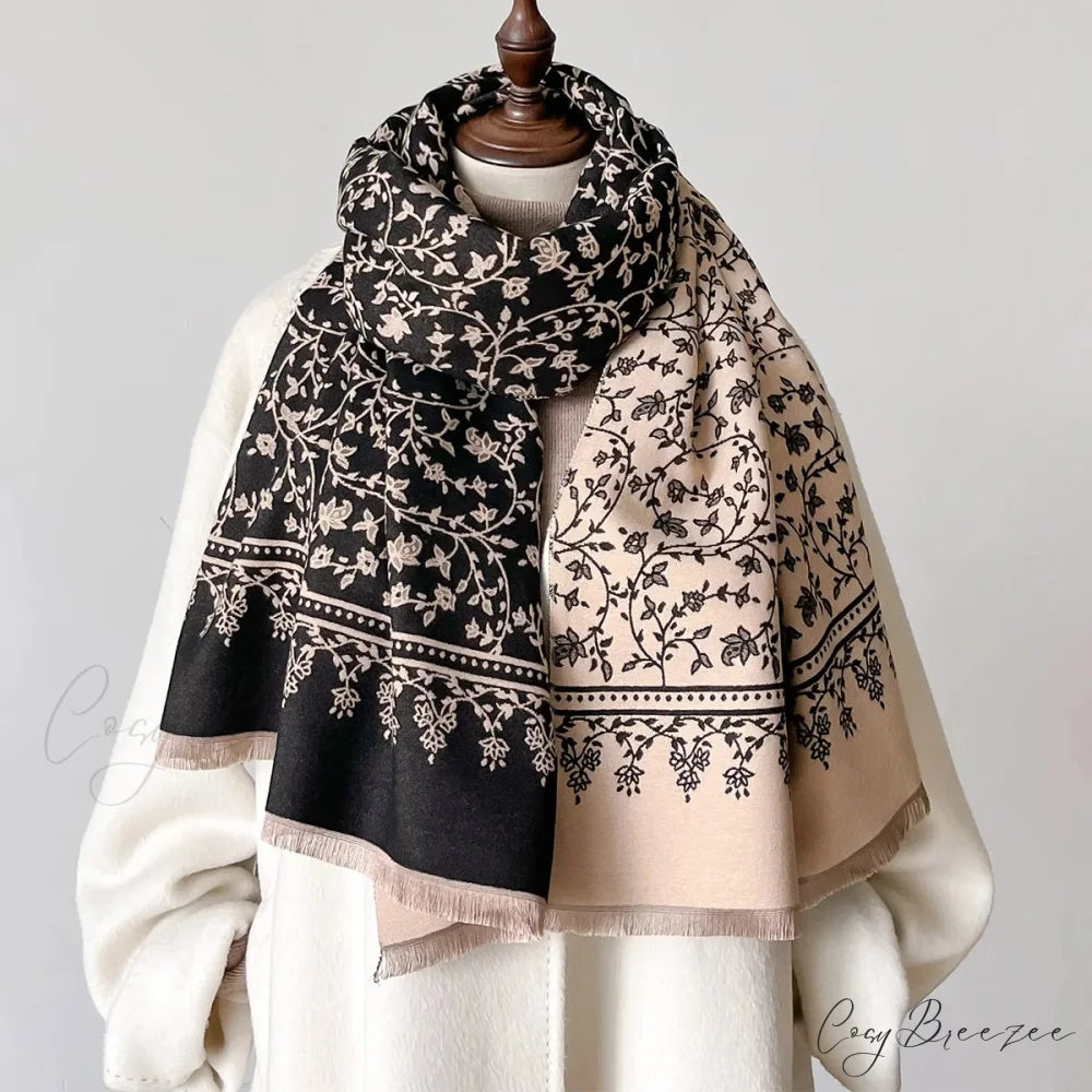 Winter Cashmere Floral Print Pashmina Scarf black scarf-241228