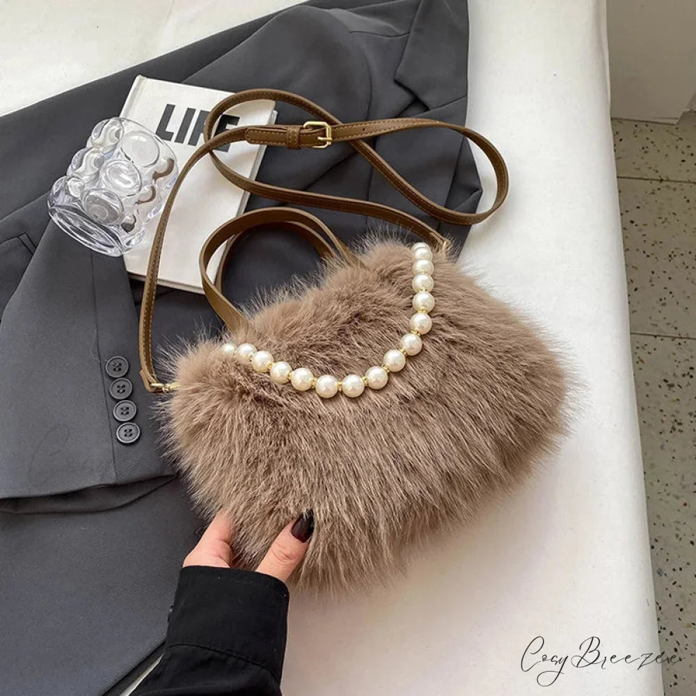 Winter Faux Fur Crossbody Pearl Decor Handbag handbag-250126