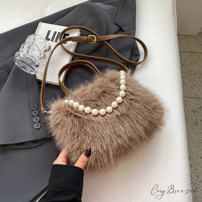 Winter Faux Fur Crossbody Pearl Decor Handbag handbag-250126