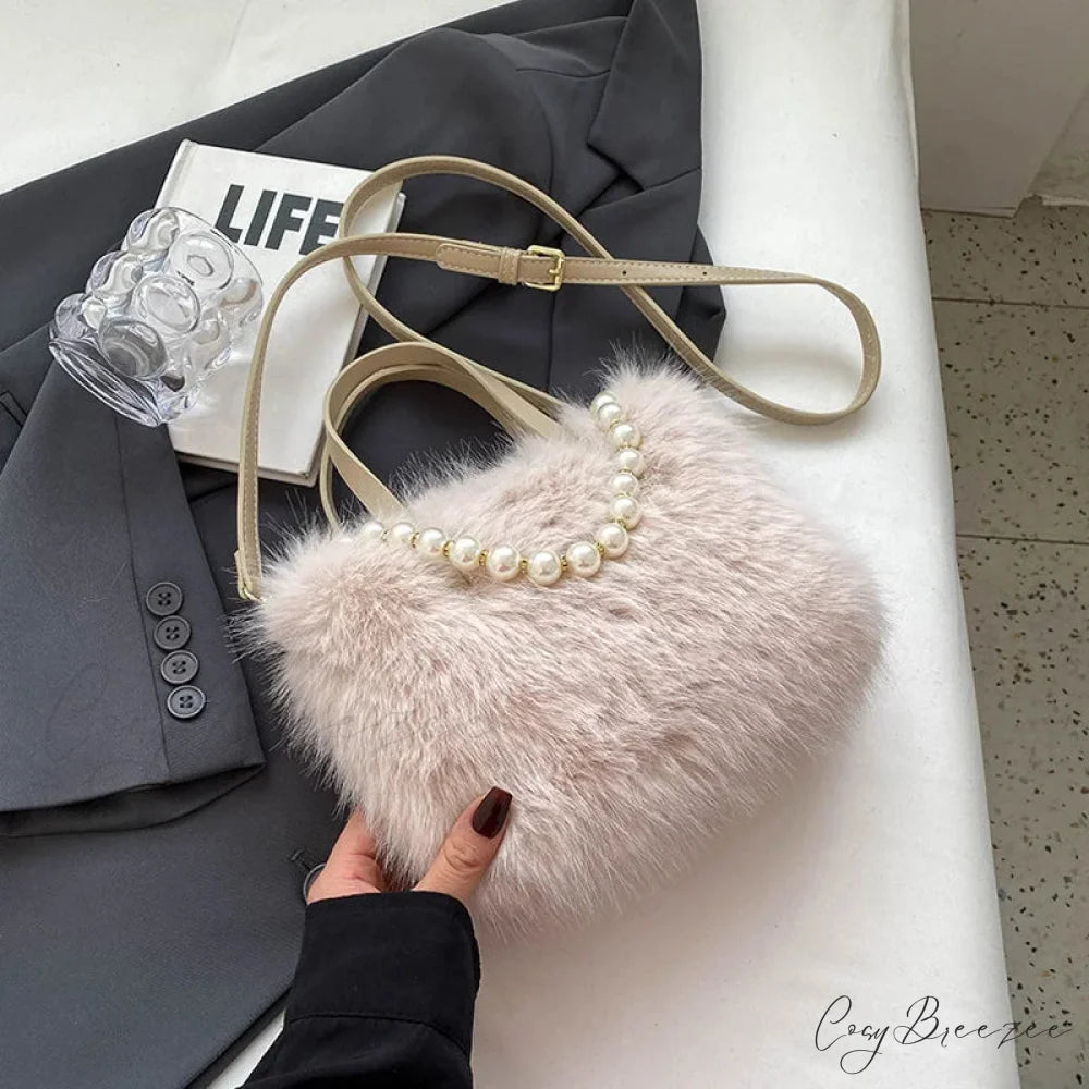 Winter Faux Fur Crossbody Pearl Decor Handbag Beige / 22x17x9cm handbag-250126