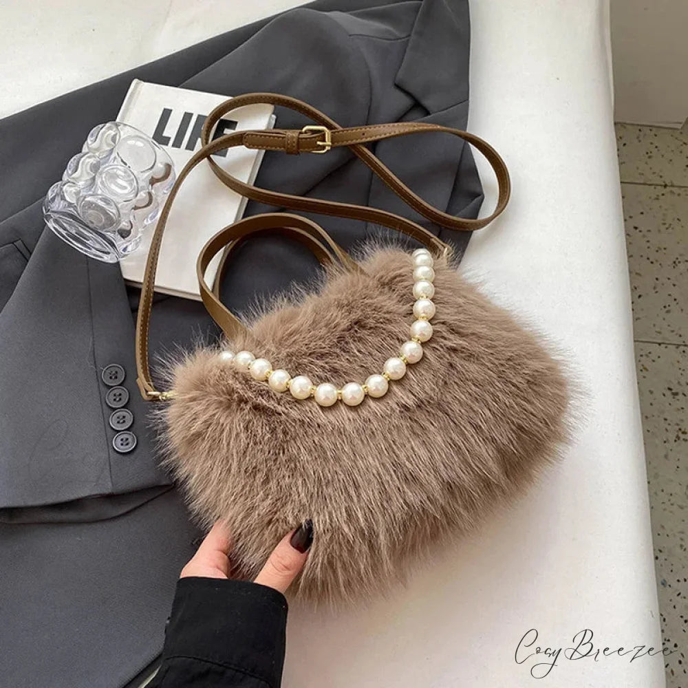 Winter Faux Fur Crossbody Pearl Decor Handbag Coffee / 22x17x9cm handbag-250126