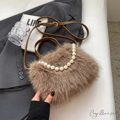 Winter Faux Fur Crossbody Pearl Decor Handbag Coffee / 22x17x9cm handbag-250126