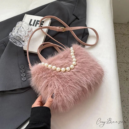 Winter Faux Fur Crossbody Pearl Decor Handbag Pink / 22x17x9cm handbag-250126